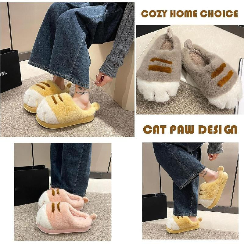 Cozy 3D Cat Paw Slippers for Women – Cute & Furry Cartoon Cat Paw Slides for Winter Indoor & Outdoor Comfort