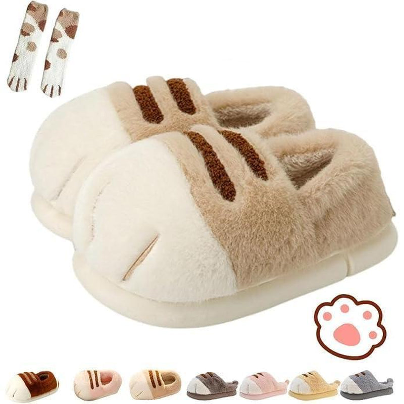 Cozy 3D Cat Paw Slippers for Women – Cute & Furry Cartoon Cat Paw Slides for Winter Indoor & Outdoor Comfort
